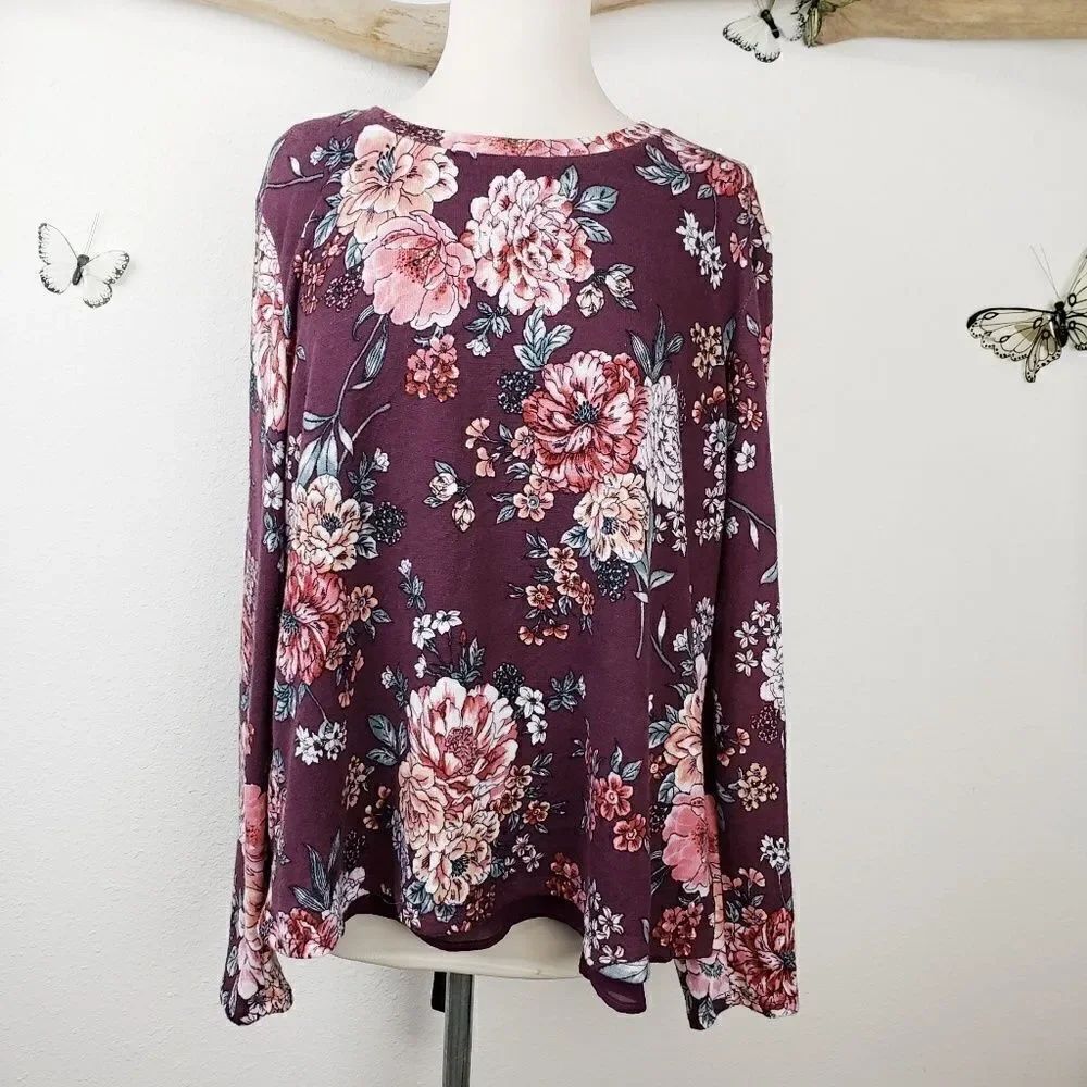 Bobeau floral sweater over sheer top